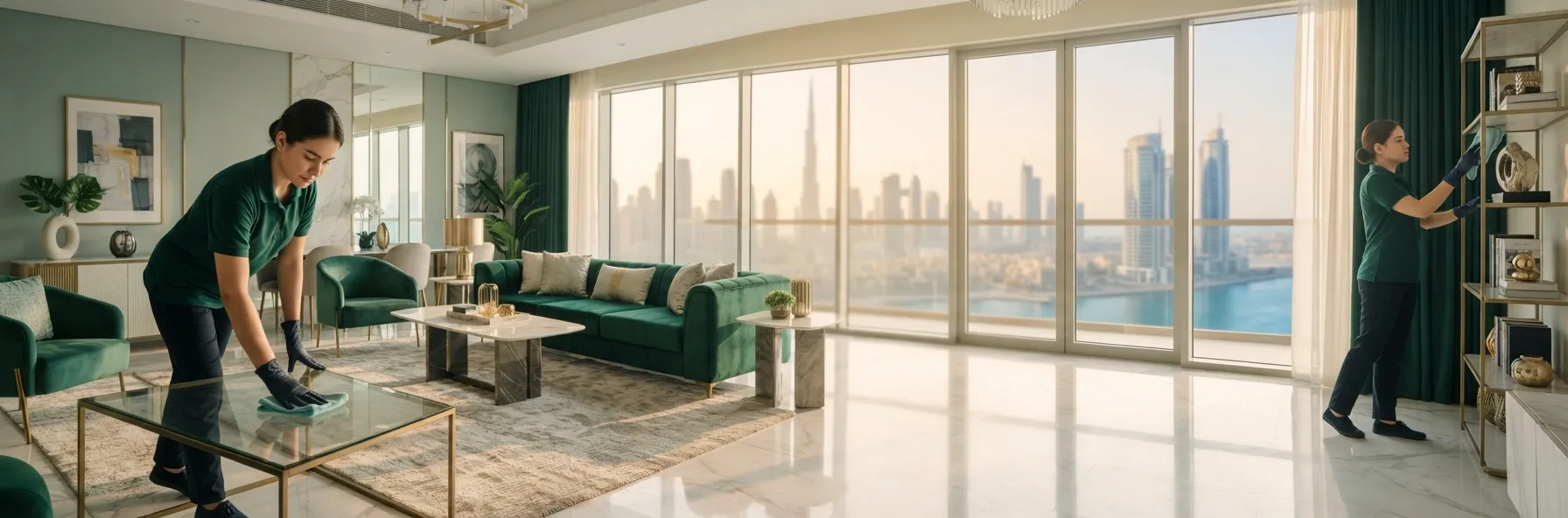 Professional cleaners wiping and organizing modern living room during move-in cleaning service