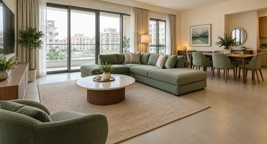Immaculate modern apartment living room and dining area after professional apartment deep cleaning service