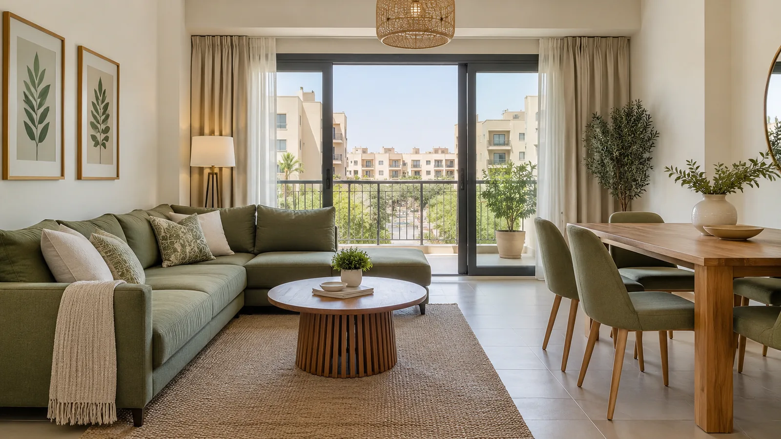 Immaculate modern apartment living room and dining area in Al Barsha after professional apartment cleaning service