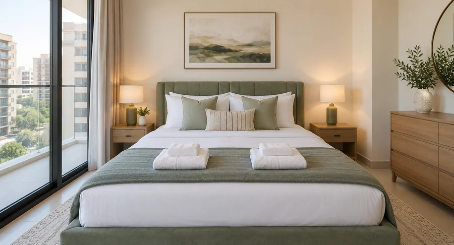 Immaculate holiday home bedroom with neatly folded towels after professional holiday home cleaning service