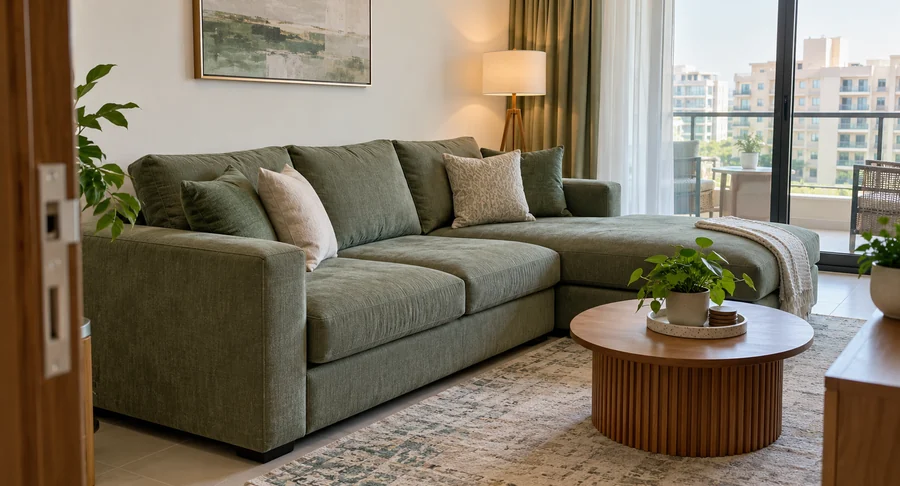 Clean green sectional sofa in modern apartment after professional sofa cleaning service