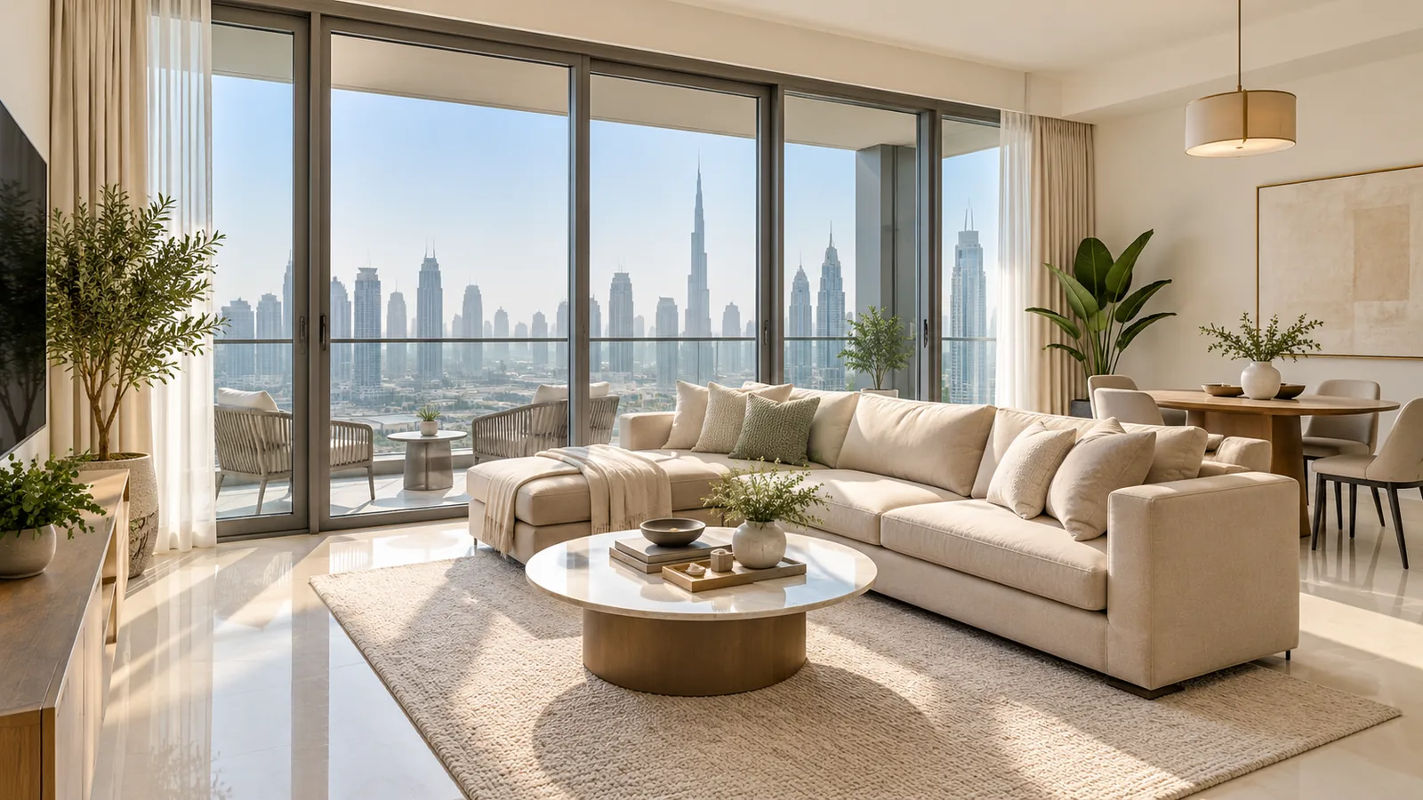 Modern Dubai apartment living room with a beige sofa, elegant furniture, polished flooring, large floor-to-ceiling windows, and Burj Khalifa skyline views for professional apartment deep cleaning.
