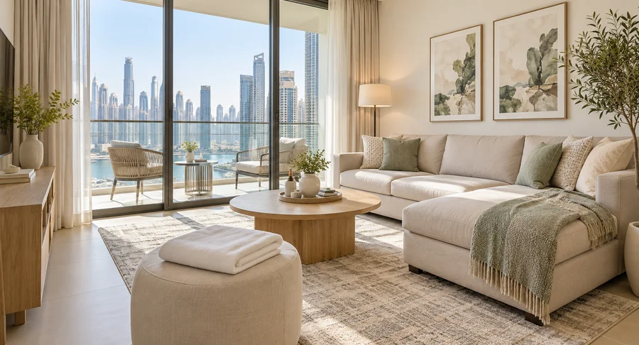 Cozy holiday home living room with balcony city view after apartment cleaning service