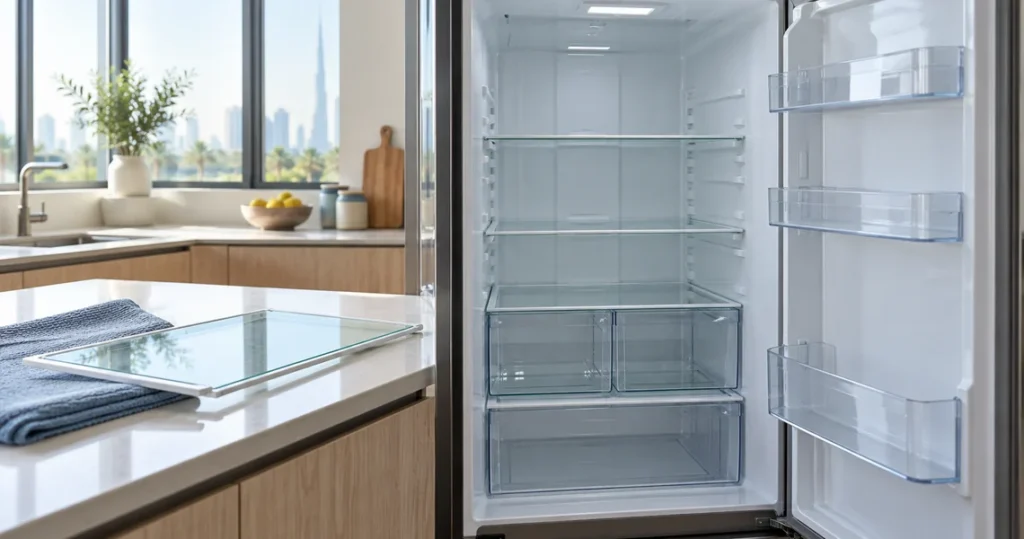 Empty clean refrigerator interior with glass shelves after professional fridge cleaning service