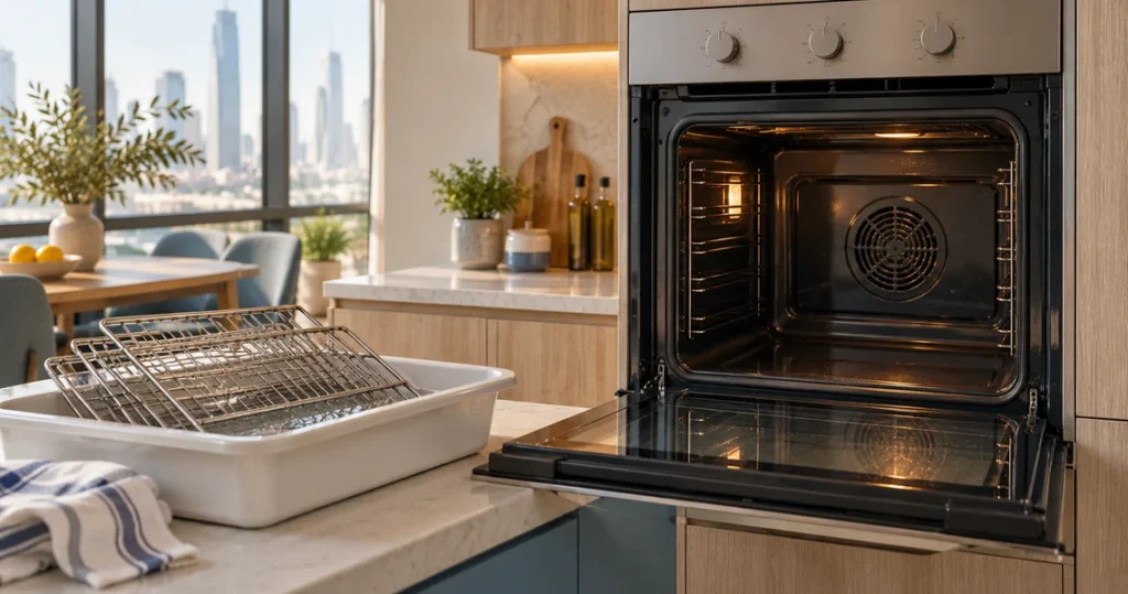 Spotlessly clean built-in kitchen oven interior after professional oven cleaning service