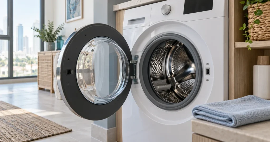 Clean white front-load washing machine drum after professional washing machine cleaning service