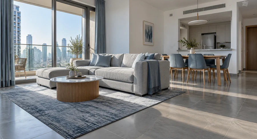 Bright open-plan apartment living area after professional apartment deep cleaning service