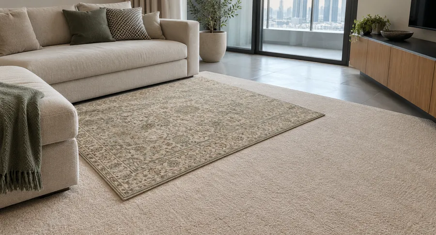 Clean patterned rug on carpeted living room floor after carpet cleaning service