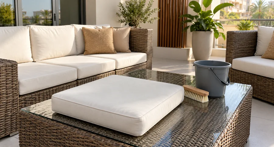 Clean outdoor wicker seating set with scrub brush and bucket after garden furniture cleaning