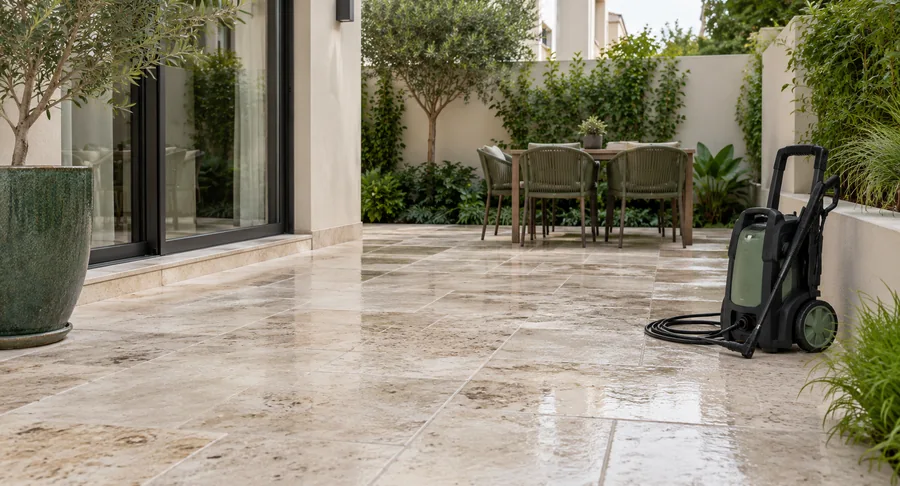 Pressure washer machine on clean tiled outdoor terrace floor after terrace cleaning service