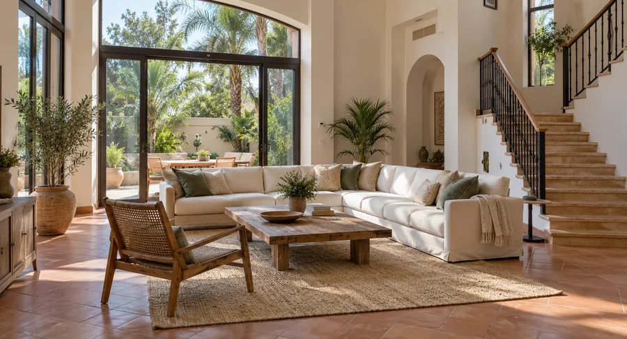 Spacious villa living room with sectionals and rug after villa deep cleaning service