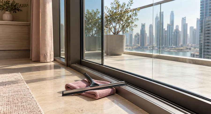 Window squeegee and microfiber cloth by clean sliding glass doors after window cleaning service