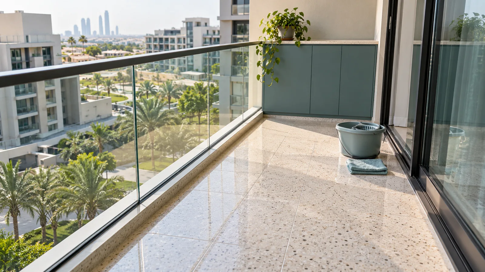 Clean balcony floor with mop bucket and skyline view after professional balcony cleaning