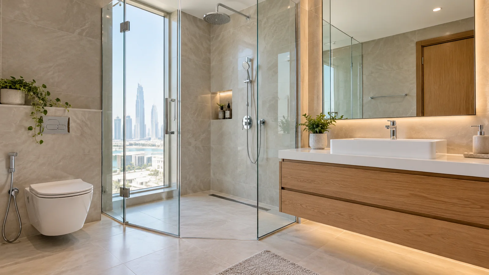 Spotless modern bathroom with glass shower enclosure after deep cleaning service