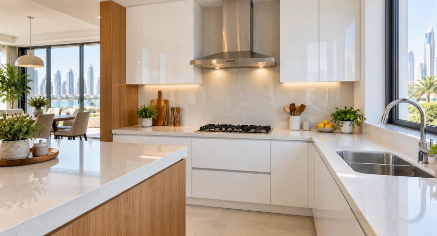 Modern white kitchen countertops and range hood after kitchen cleaning service