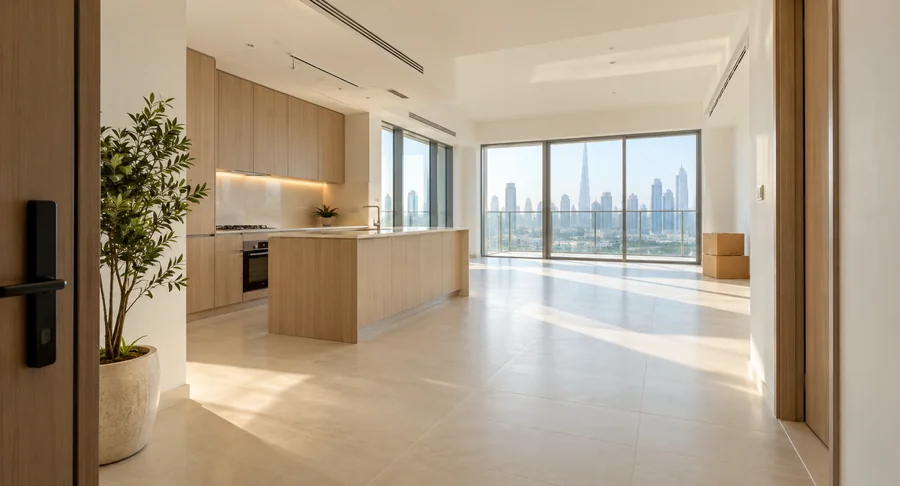 Empty modern kitchen and living space with cardboard boxes during move in cleaning service