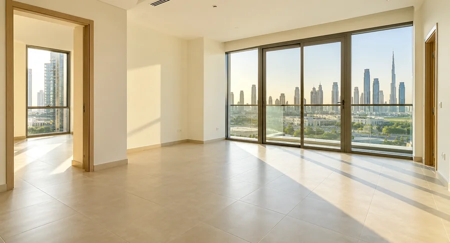 Empty apartment living room with tiled floor after move out cleaning service