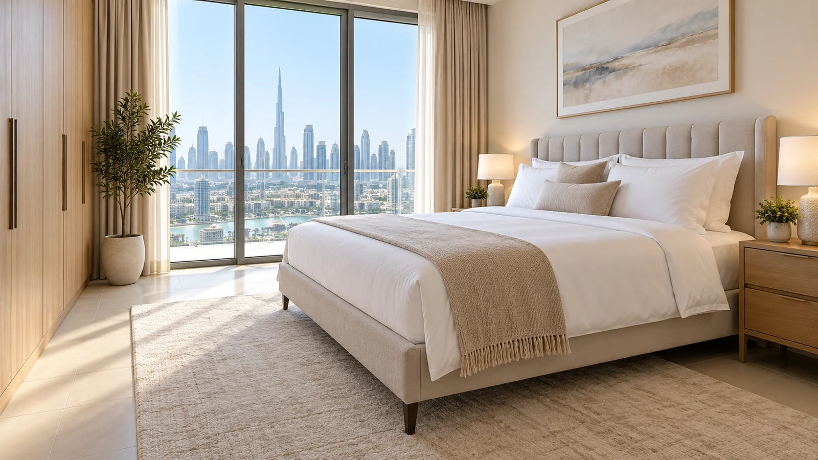 Clean modern bedroom with made bed after bedroom deep cleaning service