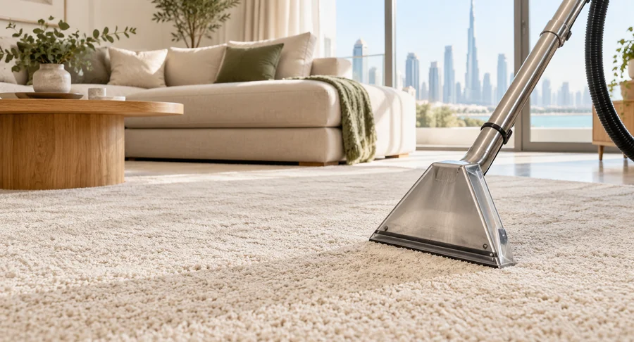 Carpet extractor wand vacuuming living room rug during professional carpet cleaning service