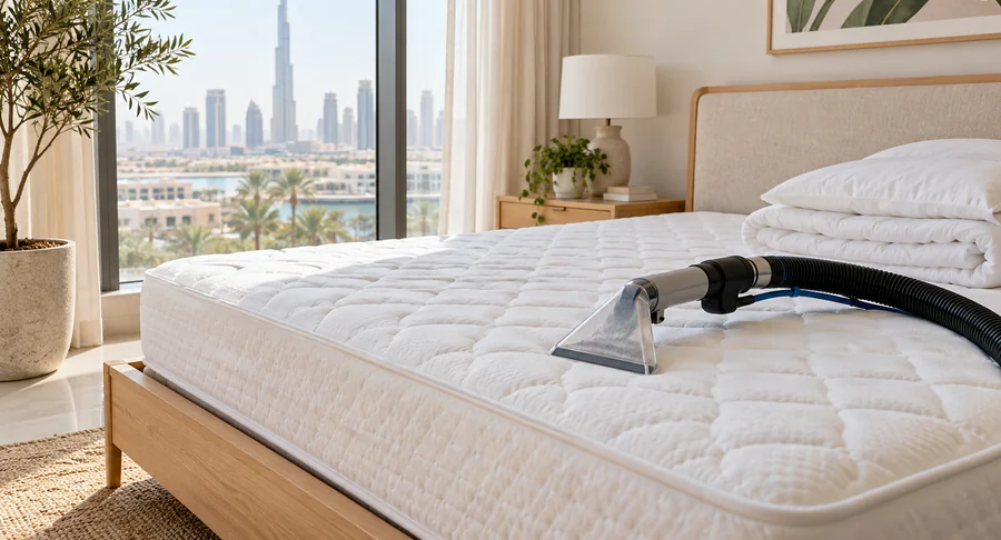 Upholstery extractor nozzle cleaning white mattress during professional mattress cleaning service