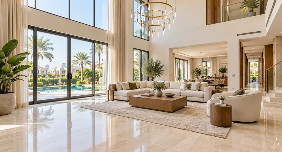 Spacious luxury villa living room overlooking pool area after villa cleaning service