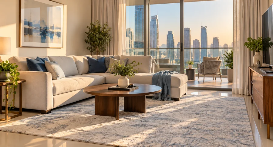 Sunlit apartment living room with clean carpet after carpet deep cleaning service