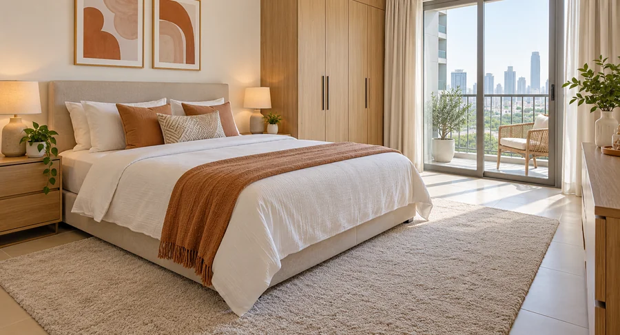 Clean bedroom rug and neat bed after carpet deep cleaning service