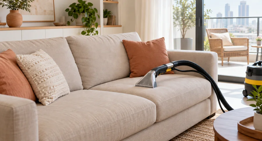 Professional extraction tool deep cleaning light beige fabric sofa during upholstery cleaning service