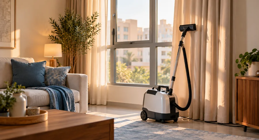 Professional cleaning machine standing in sunlit living room during carpet and curtain cleaning service