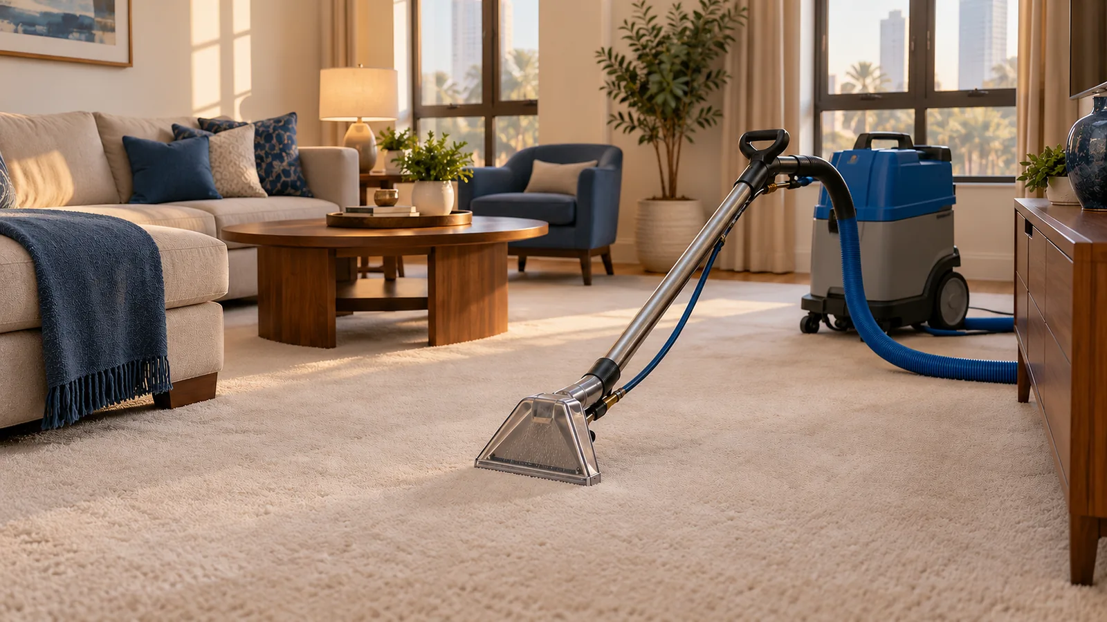 Professional steam extraction wand cleaning plush living room carpet during deep carpet cleaning service