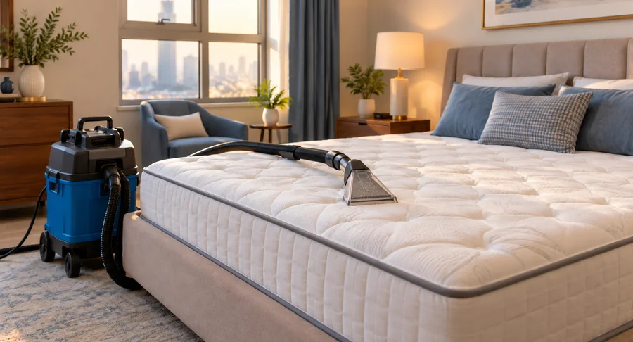 Blue extraction equipment vacuuming bed mattress during professional mattress cleaning service