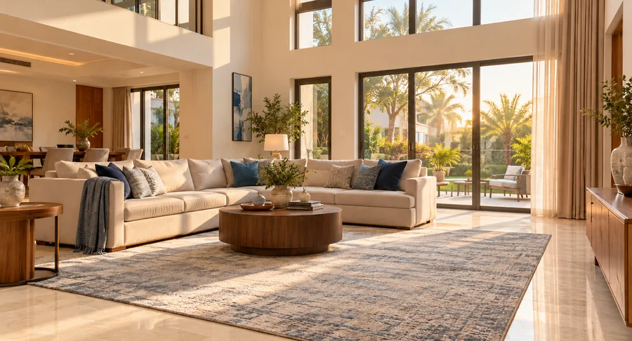 Luxury villa living room with large area rug after professional carpet cleaning service