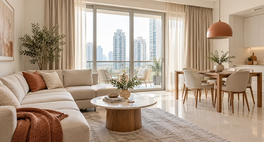 Modern apartment living area with clean curtains after professional curtain cleaning service