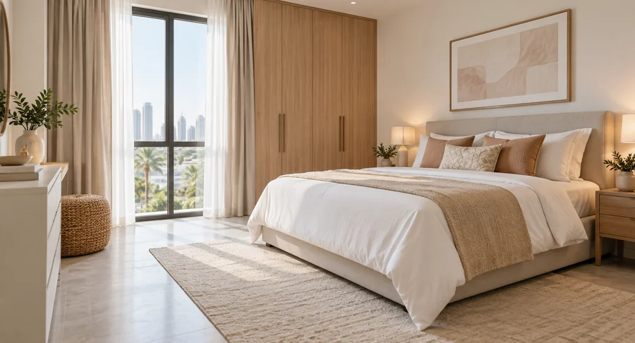 Clean bedroom with neutral curtains and made bed after curtain cleaning service