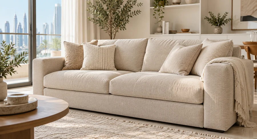 Clean beige fabric couch with throw pillows after professional sofa cleaning service