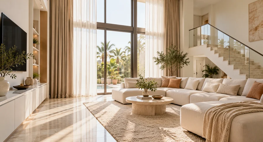 Spacious luxury villa living area with fresh sheer drapes after curtain cleaning service