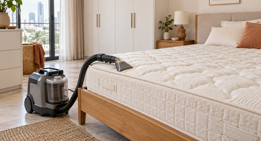 Professional extraction machine vacuuming mattress during specialized mattress cleaning service