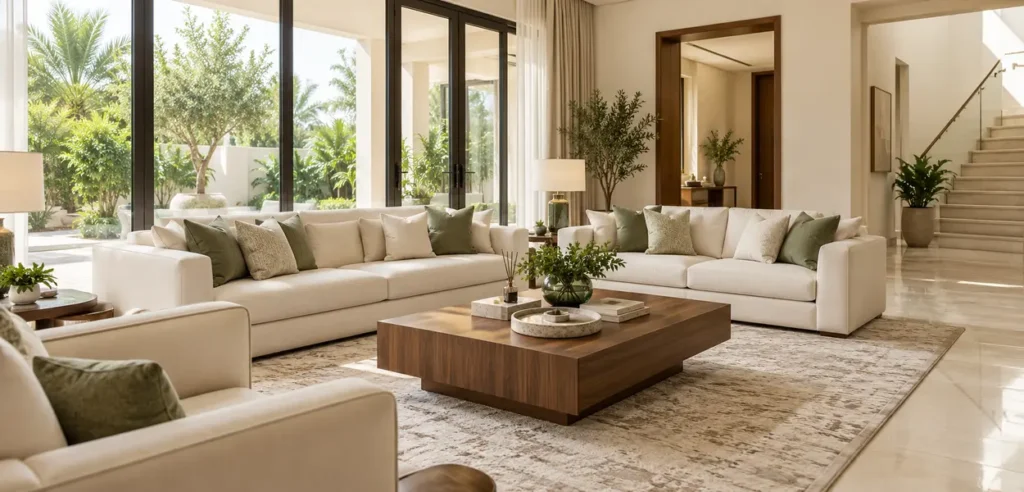 Immaculate luxury villa majlis living room after professional deep cleaning service