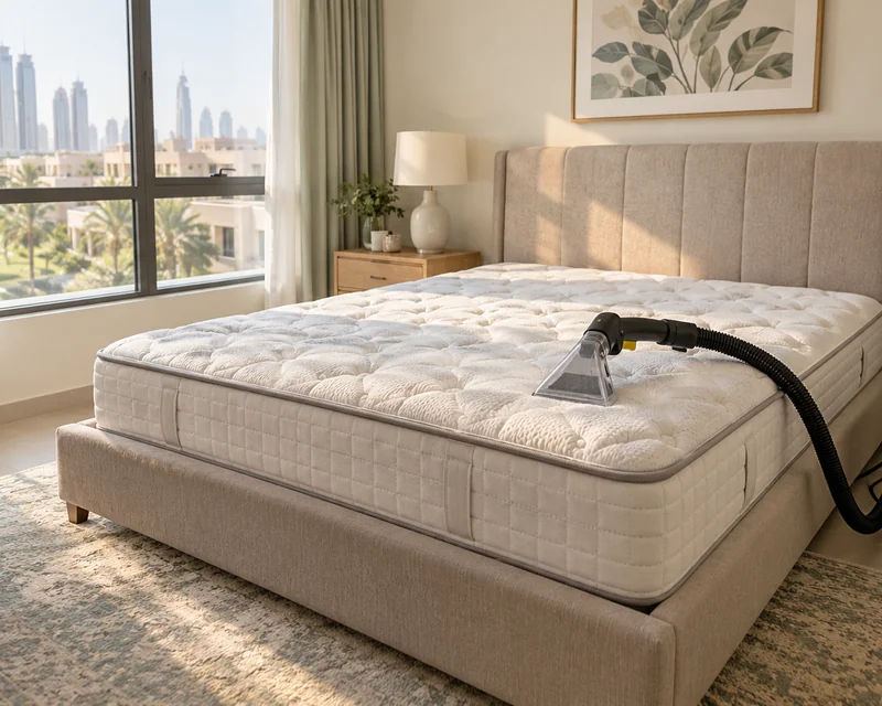 Clean upholstered mattress in modern bedroom after professional mattress cleaning service