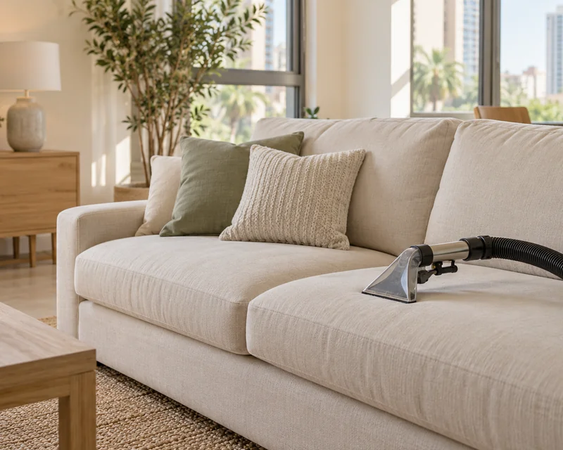 Clean upholstered sofa in bright living room after professional sofa cleaning service