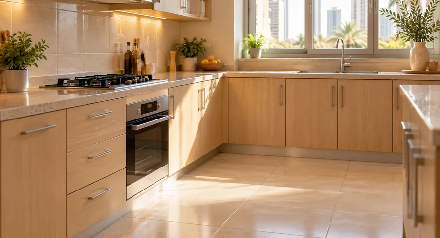 Clean kitchen tiled floor and cabinets after floor grout cleaning service