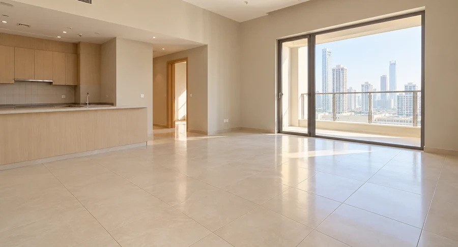 Clean tiled floor in empty apartment living area after move out cleaning