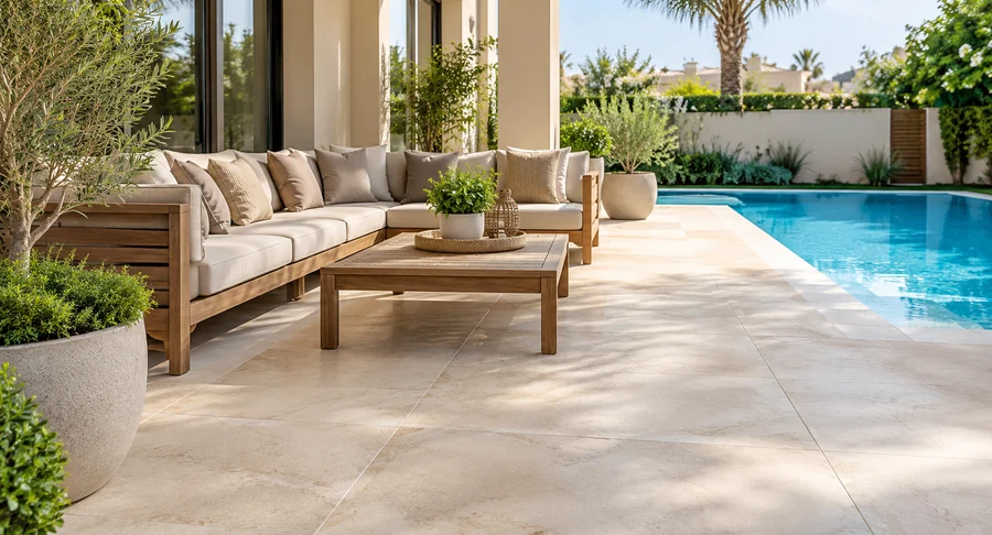 Clean outdoor pool patio tiles and seating area after floor grout cleaning service