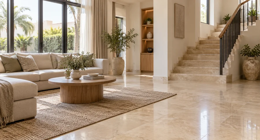 Spotless tiled floor in villa living room after floor grout cleaning service
