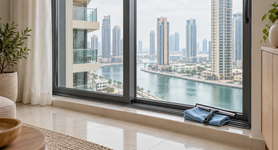 Window squeegee and blue cloth on window track overlooking city skyline view