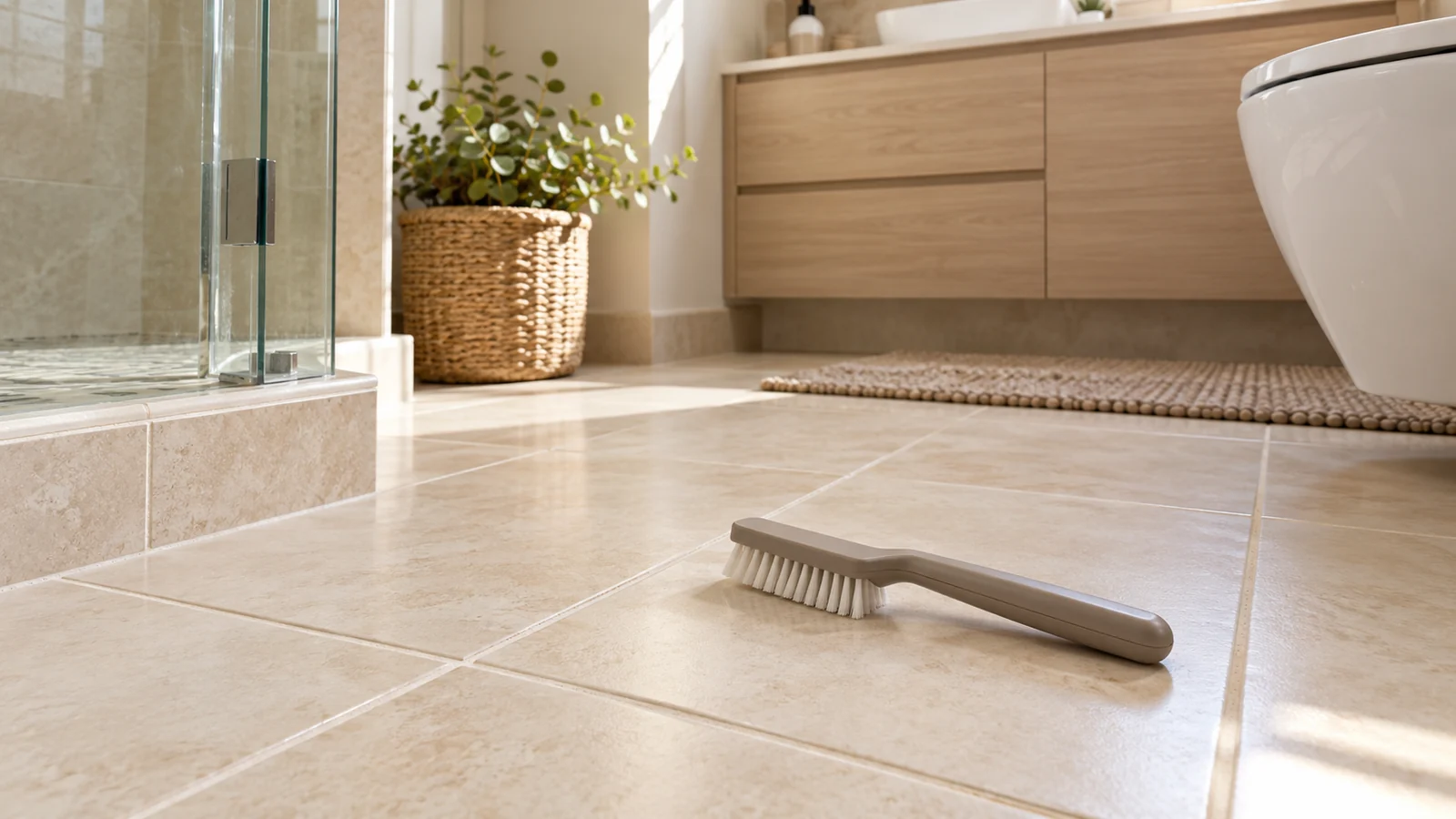 Grout brush resting on clean bathroom floor tiles after professional floor grout cleaning