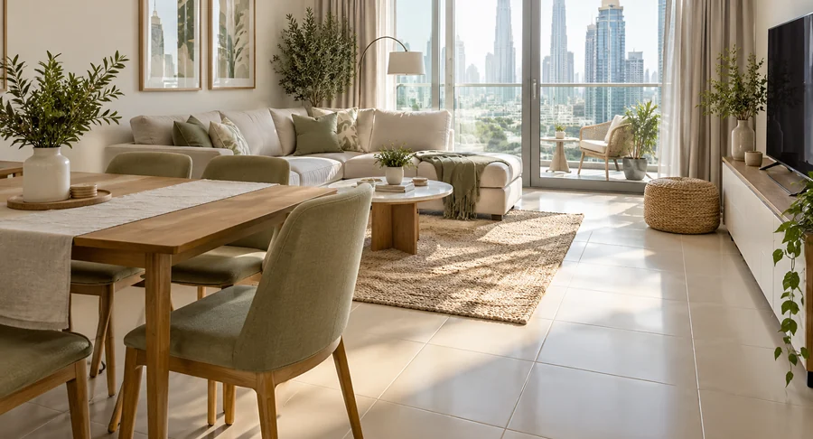 Bright living and dining area in modern apartment after professional deep cleaning service