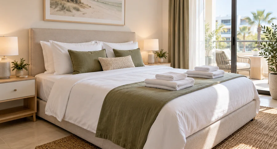 Freshly made bed with crisp linens in holiday home bedroom after deep cleaning service