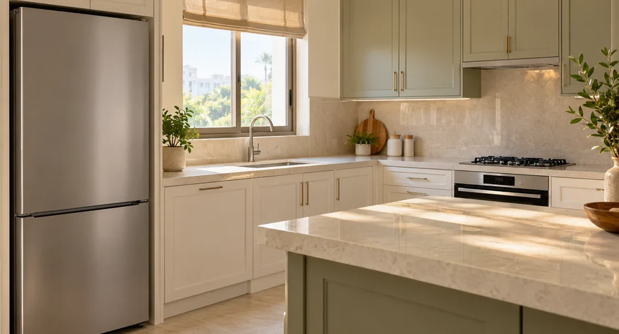 Stainless steel refrigerator and polished countertops after kitchen deep cleaning service