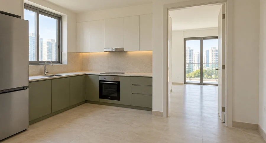 Clean modern kitchen and empty apartment layout ready for move in cleaning service